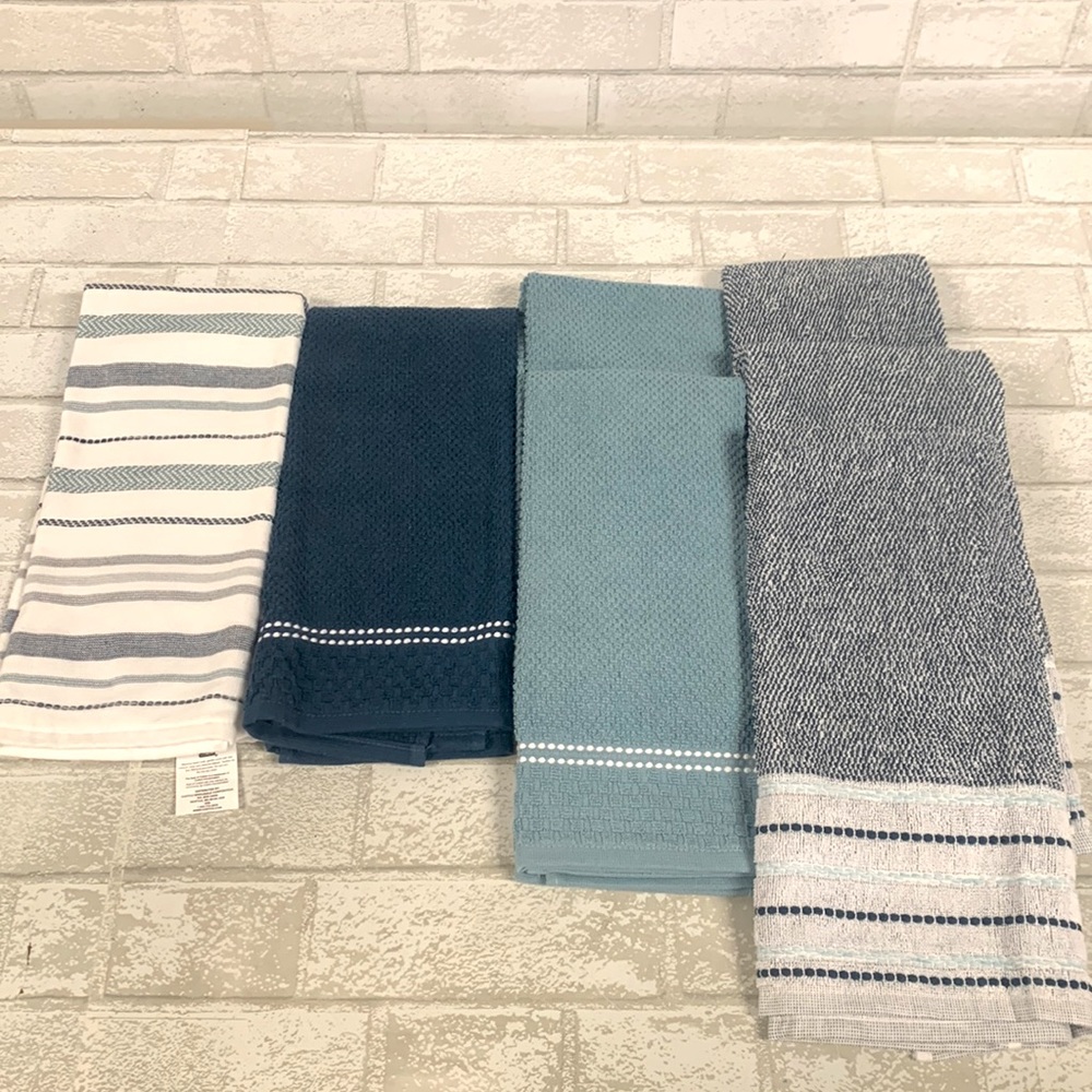 Sabrina Cotton 7-Piece Kitchen Towel Set, Blue/White